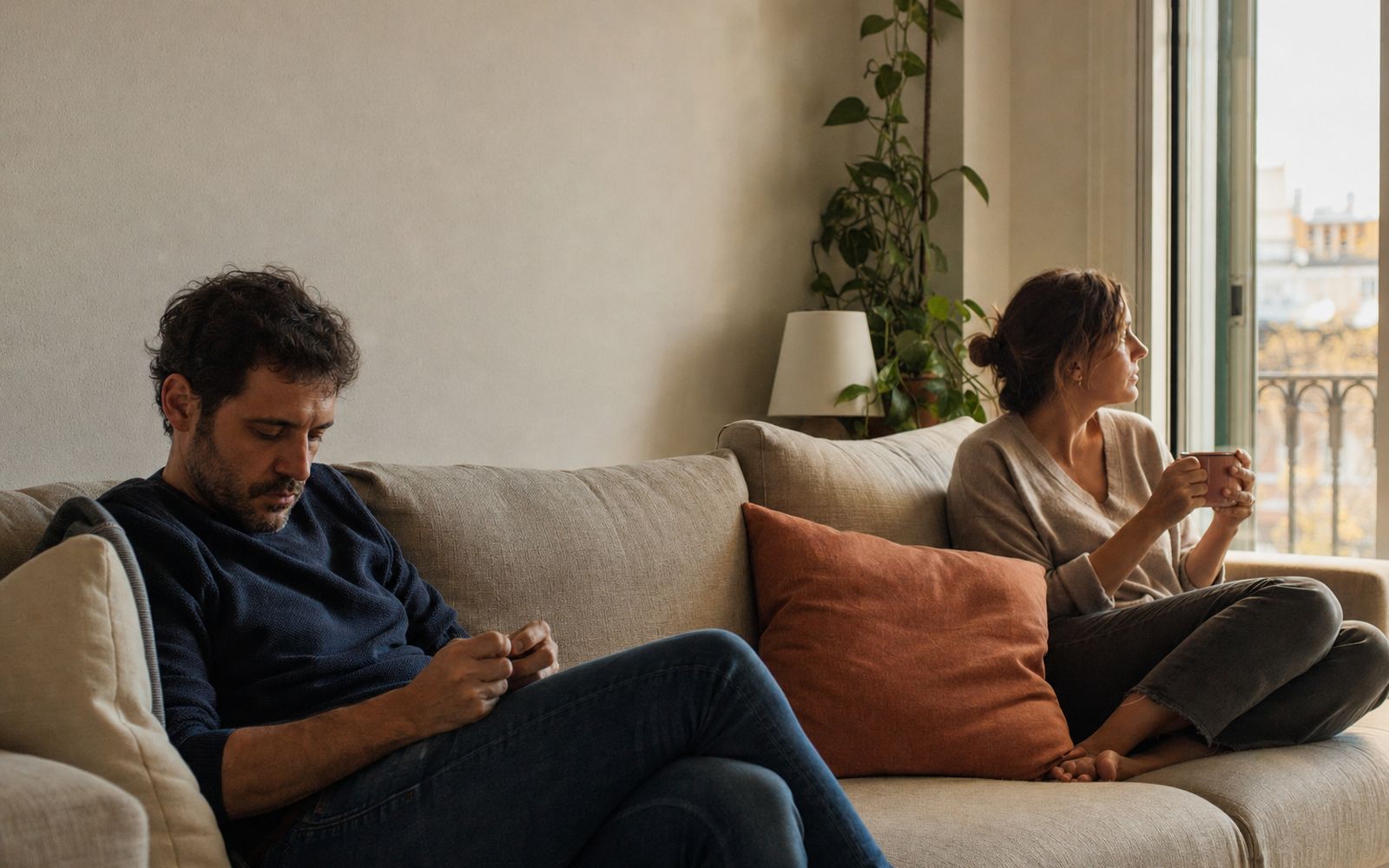 Una pareja adulta sentada en el sofá de su casa en Madrid, en silencio, cada uno mirando hacia un lado