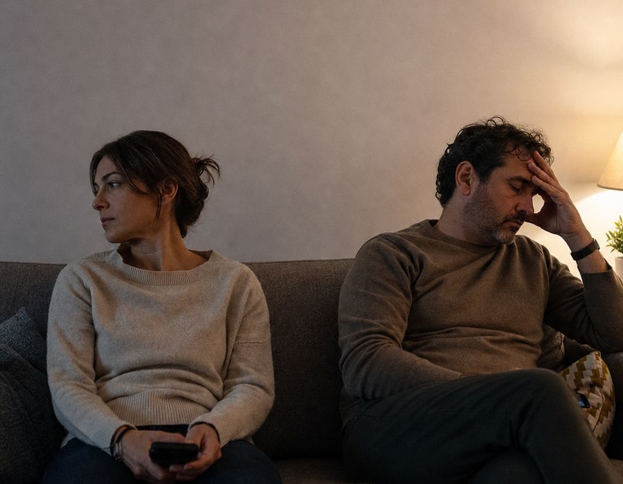 Pareja sentada en extremos opuestos del sofá, sin mirarse