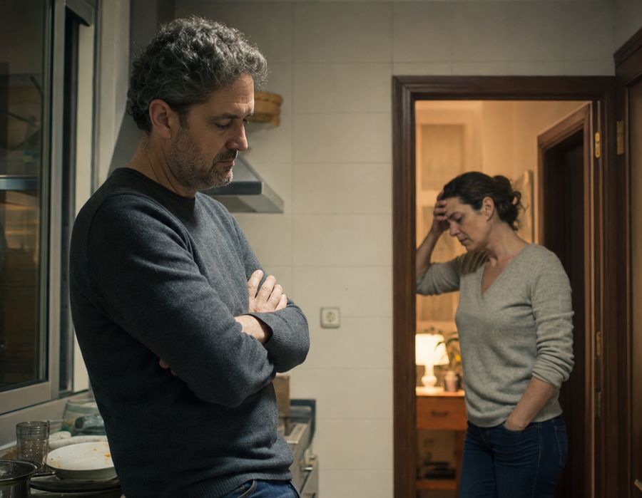 Un hombre en la cocina con los brazos cruzados y una mujer al fondo, en el pasillo