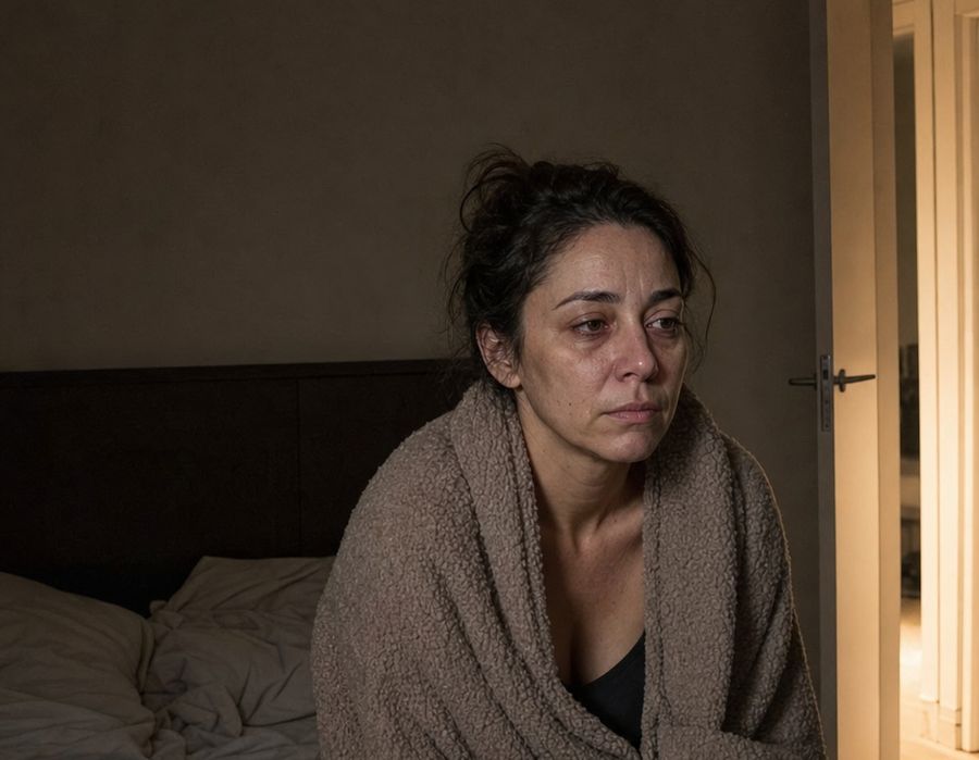 Una mujer sentada en la cama de noche, pensativa